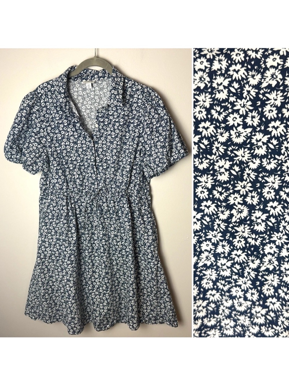 J. Crew Dress Size 10 Floral Short Sleeves Cotton Blend Stretch Navy Blue White